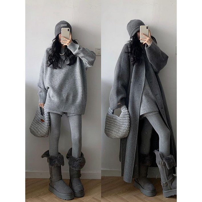 미중 여성 추동 뉴 나른한 니트 부드러운 라운드넥 박시 스웨터 긴팔 캐주얼 반바지 세트 cxyf