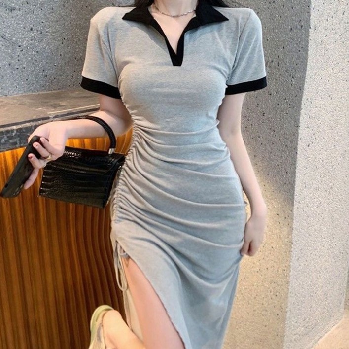 카라 배색 옆셔링 반팔 원피스