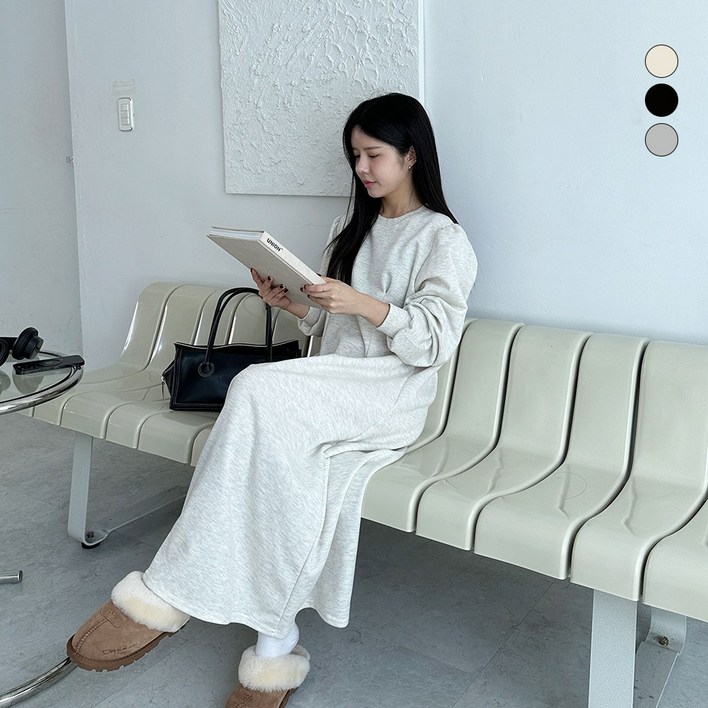 디테일웨어 여성 기모 롱원피스 날씬해보이는 다트 포인트 퍼프셔링 오버핏 플레어 스커트 편한원피스 강아지 산책 임산부 원피스