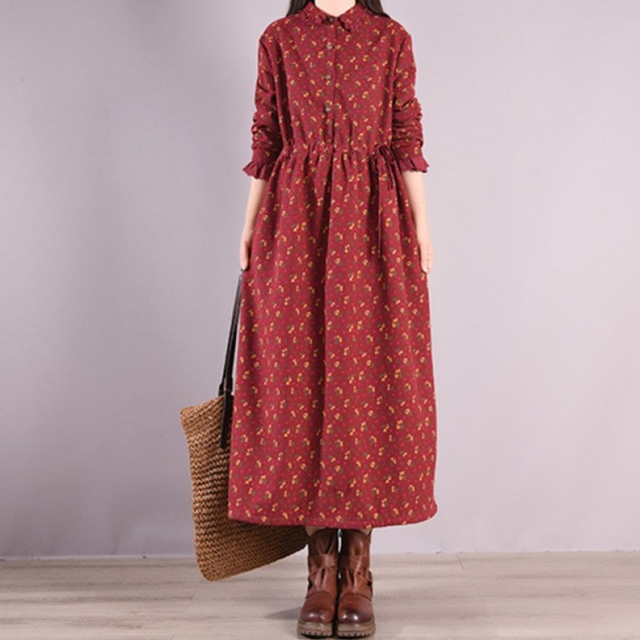 진해스 여성 겨울 기모 긴팔 잔꽃  롱 원피스 6057