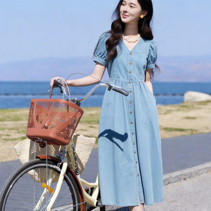 비아이와이 고급 캐주얼 데님 브이넥 허이조임 원피스 여성 데일리룩  D117