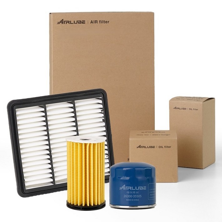 에어루브 아반떼 AD 가솔린 1.6 GDI/2.0 CVVT 15~18년식 엔진 오일필터 + 에어필터 세트, 1세트, 26300-35505(오일필터), 28113-F2000(에어크리너)