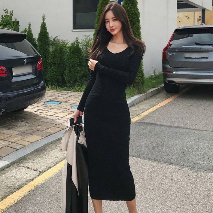 타니즈 브이넥 슬림 골지 니트원피스 플립