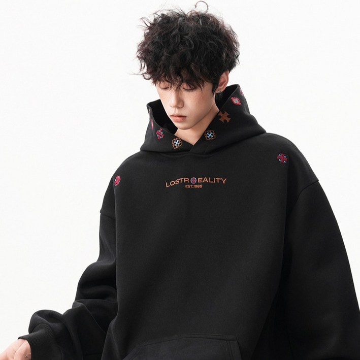 더플로우커머스 에스닉 자수 포인트 루즈핏 후드 스웨트셔츠