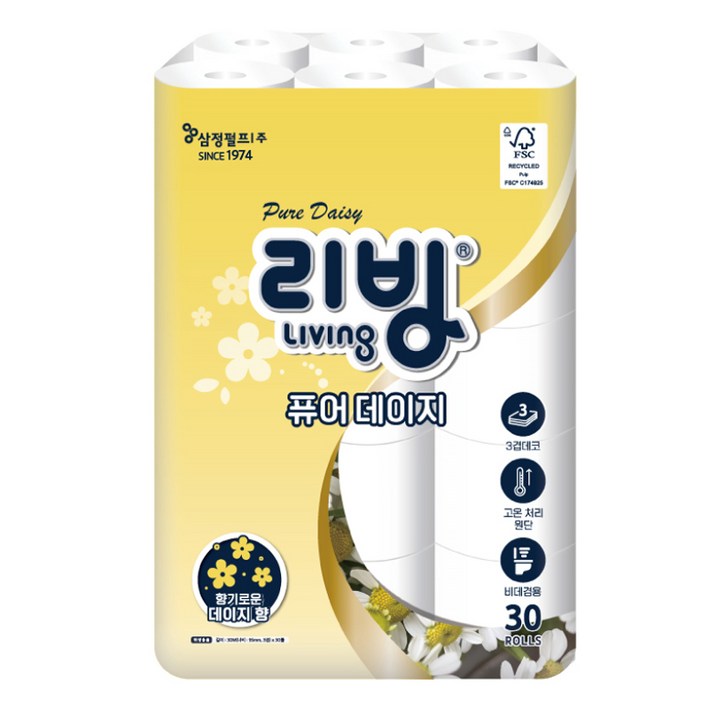 리빙티슈 3겹 리빙 퓨어 데이지 화장지 30m, 1개, 30개입