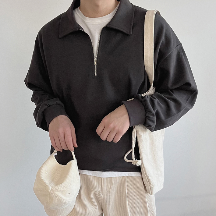 룩샵 남자 남성 데일리 오버핏 무지 카라 특양면 반집업 맨투맨