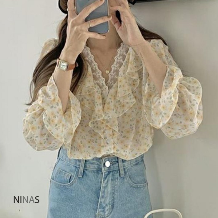 레이스블라우스 플라워블라우스 꽃무늬블라우스 긴팔블라우스 프릴블라우스