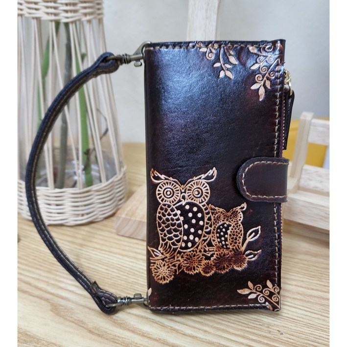 가죽 수제 폰케이스 부엉이 야생화 옆지퍼 수납공간추가 브라운 갤럭시s25 폴드 LGXR/갤럭시S9/A90 통가죽 이니셜 각인 평생AS