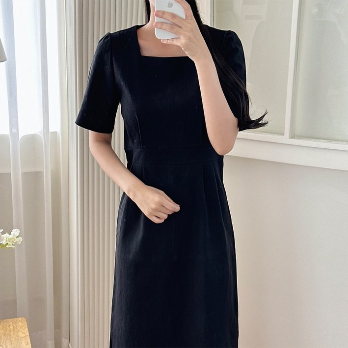 이푼아이 린넨 양트임 스퀘어넥 반팔 롱 미니 원피스