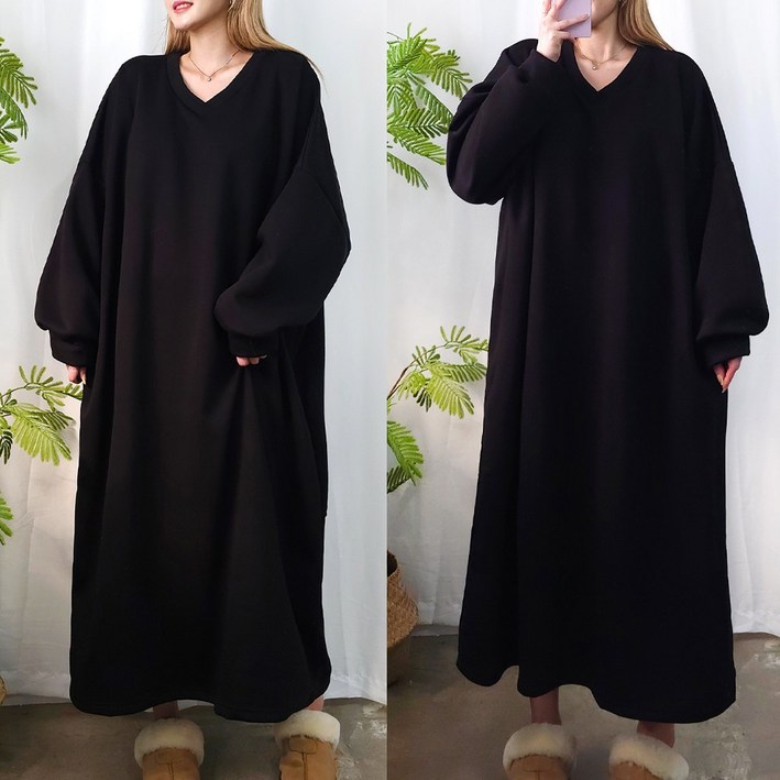 제니블리 면기모선택 솔리드 브이넥 원피스 6XL 2COLOR  5599까지 긴팔 빅사이즈 오버사이즈 루즈핏 롱원피스 홈웨어