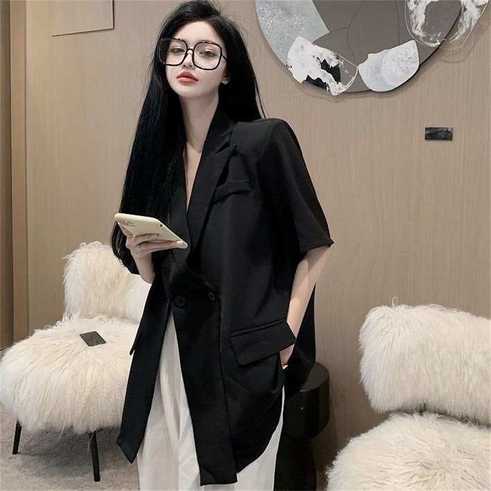 besteffie 반팔자켓 여성 더블카라 버튼 오버핏 반팔 여성 자켓 캐주얼 빅사이즈 반팔 롱자켓 E58