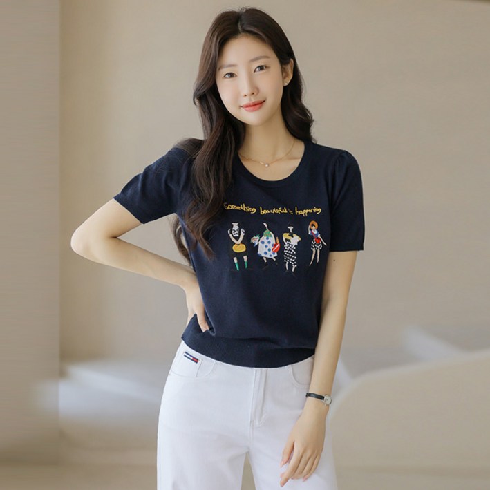 스타일온미 콜리 러블리 리틀 걸 자수 프린팅 라운드 니트 스타일온미 콜리 러블리 리틀 걸 자수 프린팅 라운드 니트
