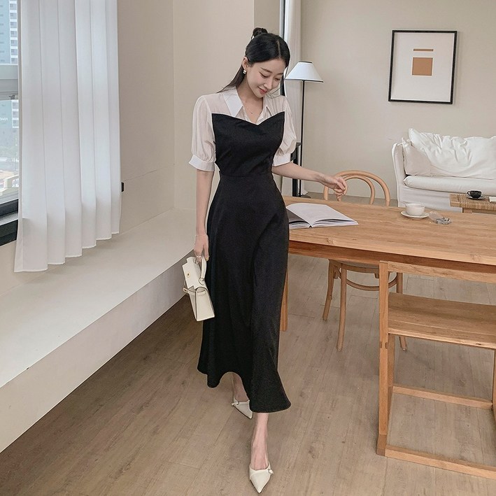 떳다그녀 아뜰리에 배색 카라 블라우스 레이어드 하객룩 오피스룩 A라인 플레어 롱원피스