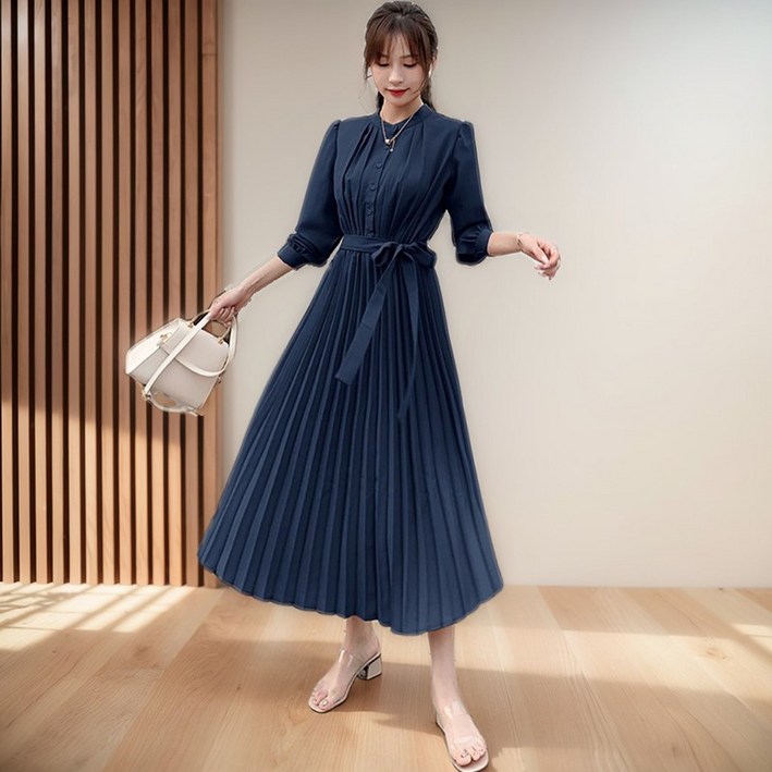 BIKASU 여성 플리츠 하객 원피스 봄 가을 슬림핏 허리밴딩 긴팔 쉬폰 롱원피스 BIKASU 여성 플리츠 하객 원피스 봄 가을 슬림핏 허리밴딩 긴팔 쉬폰 롱원피스