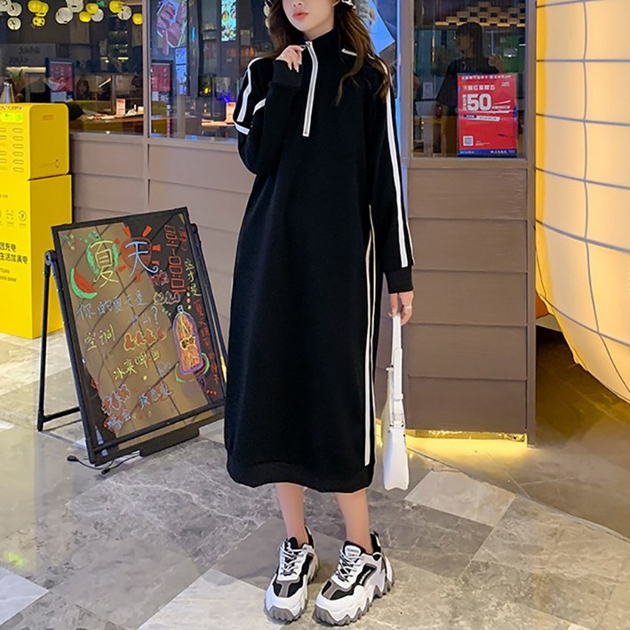 ORZQU 봄가을 여성 캐주얼 시크 배색 반집업 칼라넥 롱 맨투맨 원피스