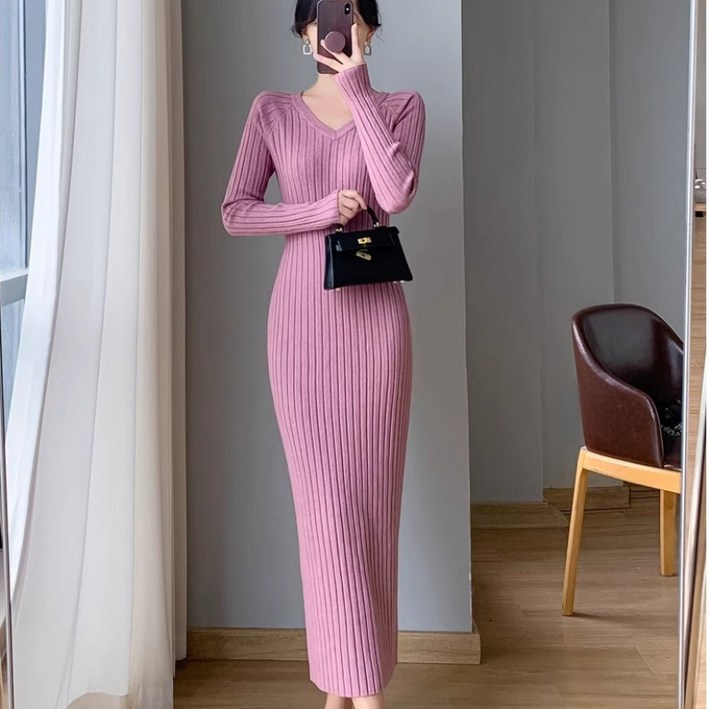 COSYEVNO 여성 니트 원피스 봄 가을 브이넥 빈티지 패션 슬림 긴팔 롱스커트 lyjlyq-18