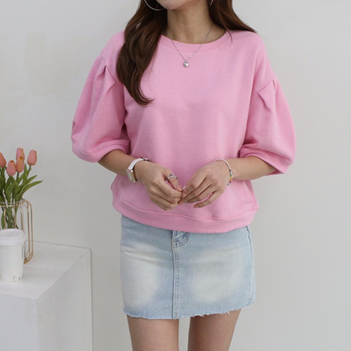 마이쏭 더힐퍼프소매맨투맨 라운드 반팔 데일리룩 여성스러운