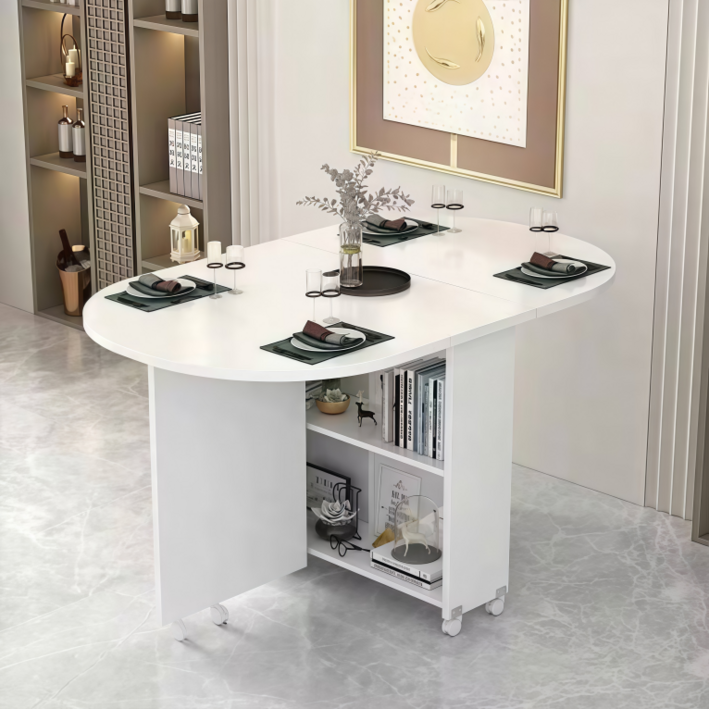 거실 수납 책상 반원 테이블 확장형 접이식 식탁 100CM 수납 테이블 46인용 흰색