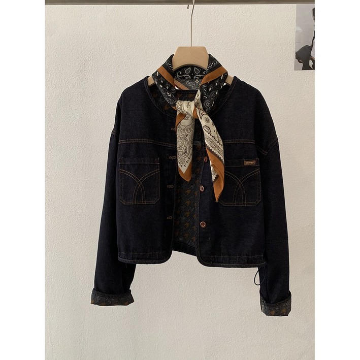 POMTOR 여성 데님 코트 모던 데님 재킷 진청 재킷  스카프 세트