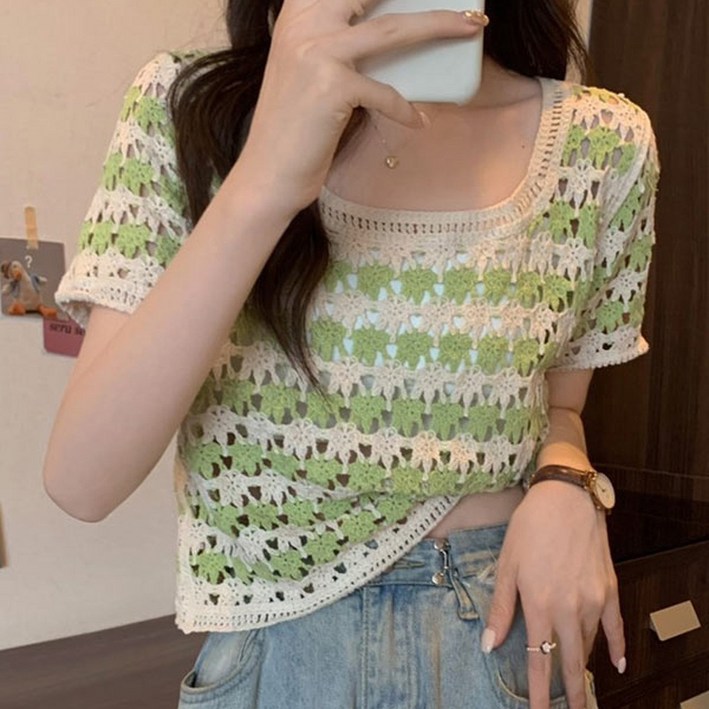 디어로우 발렌시아 자수 크로셰 반팔 티셔츠