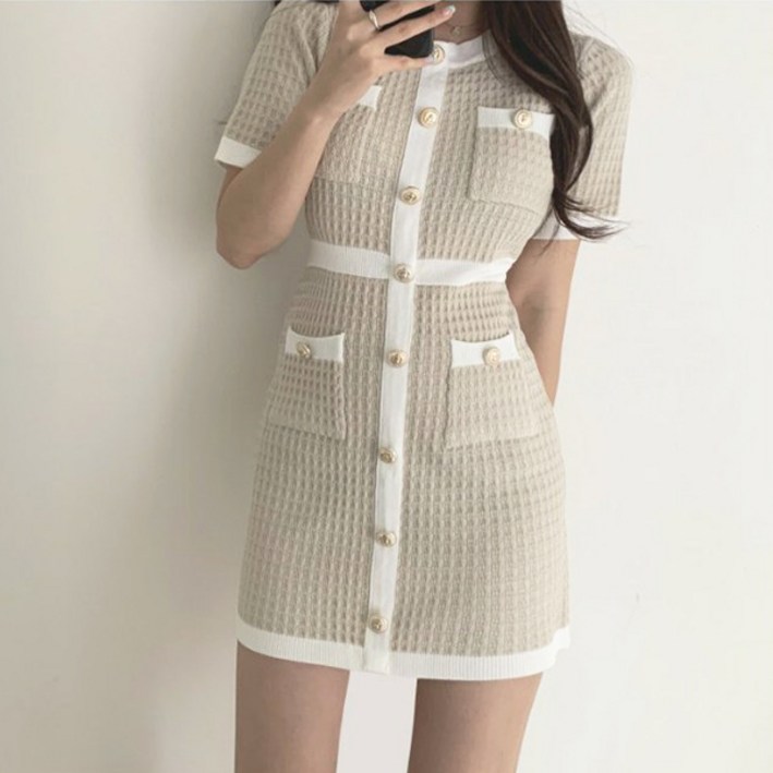 레티고 라인 배색 슬림 포켓 미니 원피스