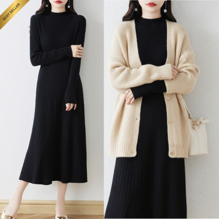 산들라 세미터틀넥 메리노울 니트 롱원피스 여성 겨울 플레어핏 하객룩 데일리룩