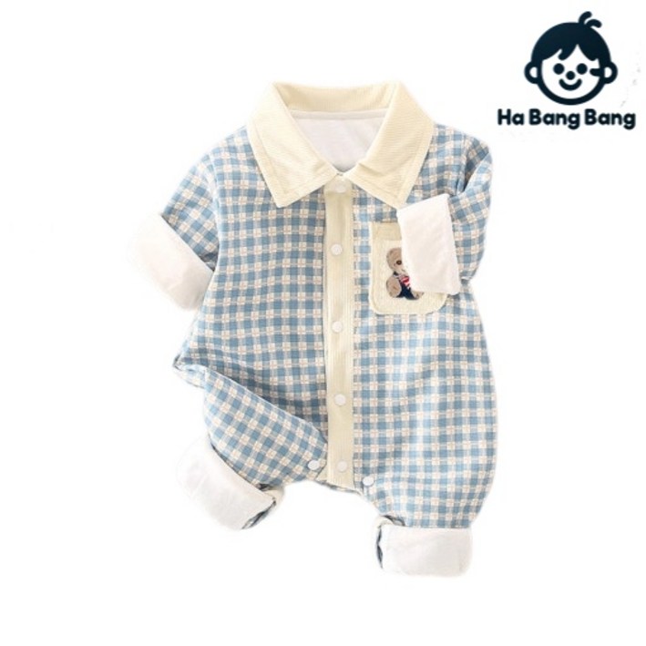 하방방 아기 곰돌이 체크 외출우주복 베이비 백일 아기옷