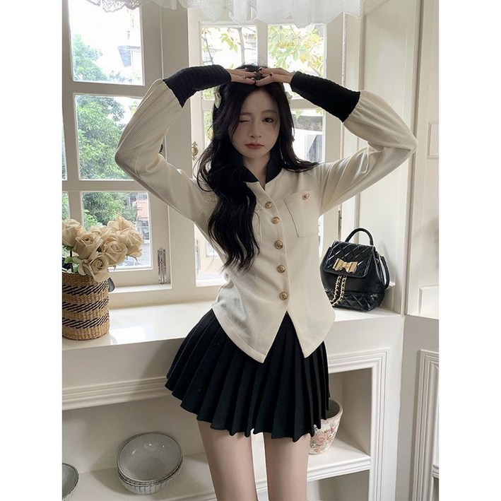 봄 가을 여성 하객룩 투피스 캐주얼 기질 여자 카디건 + 슬림 플리츠 스커트 패션 트위드 정장 세트 SJS