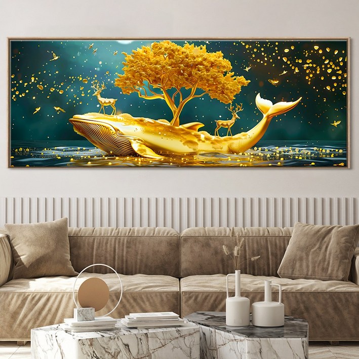 인메이블 돈들어오는 황금 고래 그림 거실 침실 인테리어 개업 집들이 이사 선물 대형 캔버스 풍수 돌고래 액자, 골드올림액자