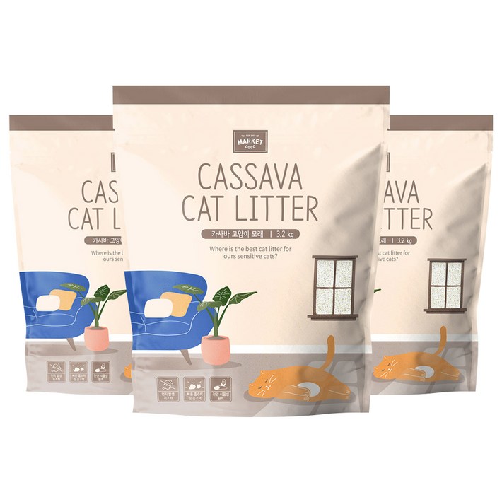 코코마켓 고양이 사막화방지 카사바 모래 무향, 3.2kg, 3개