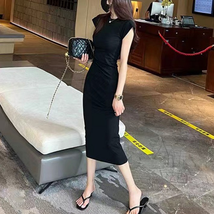 비비에모 일리쉬 캡소매 라운드 심플 슬림 통기성 롱 원피스 02812