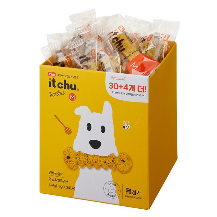 잇츄 The 잇츄 덴탈 개껌 옐로우 M 34p, 혼합맛밀웜마누카꿀, 544g, 1개