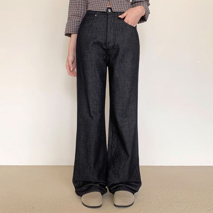 플랜데이 여성용 숏미디움롱 기장 아프로 밴딩 논페이드 생지 데님 팬츠