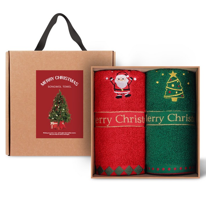 송월타월 홀리 코튼 크리스마스 호텔 수건 140g 30수 면사 2종 + 크라프트 케이스 세트