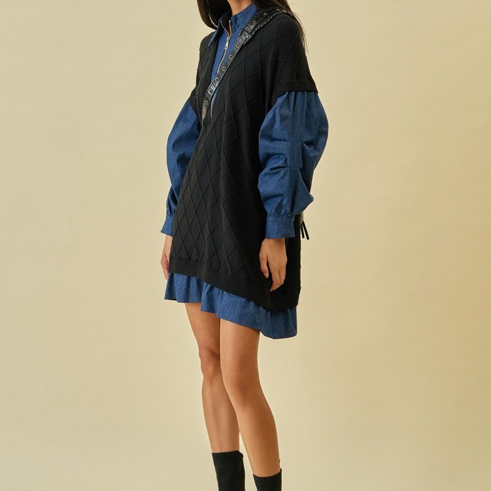 와플 데님 레이어드 지퍼 원피스