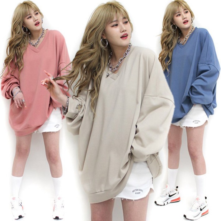 마이쏭 남여공용 빅사이즈 봄신상 박스티 무브브이넥오버핏맨투맨