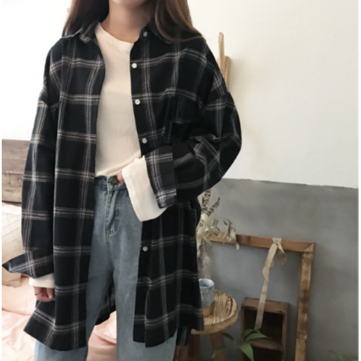 루네타 프렐리아 러브리 여성 오버핏 체크 셔츠 롱 남방