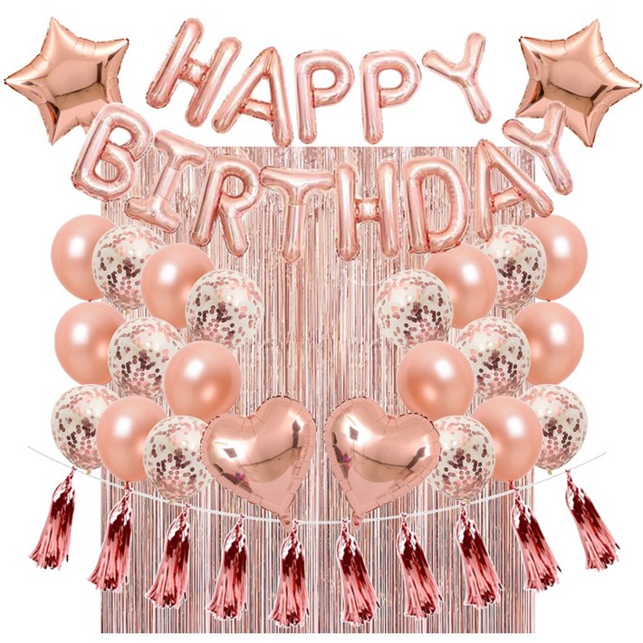 럭셔리 생일 가랜드 하트 스타 은박 혼합풍선 파티커튼 테슬 생일파티용품 세트 에브리띵스마일 1210, 1세트, 로즈골드