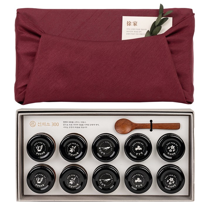 궁중비법 서가 자호원 국산 도라지청 사과생강청 꿀인삼청 동충하초꿀 산삼배양근꿀 샘플러 선물 세트, 1개, 신의소300 버건디 소매 보자기