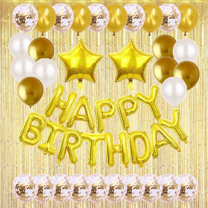 홀로그램 스타 생일축하 은박풍선 파티커튼 세트 에브리띵스마일 1214, 1세트, 골드 풍선 골드 커튼