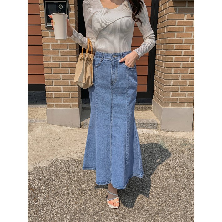 머메이드 플레어 롱 데님 스커트 히든 허리밴딩 청치마 여자 사계절 날씬핏 청스커트