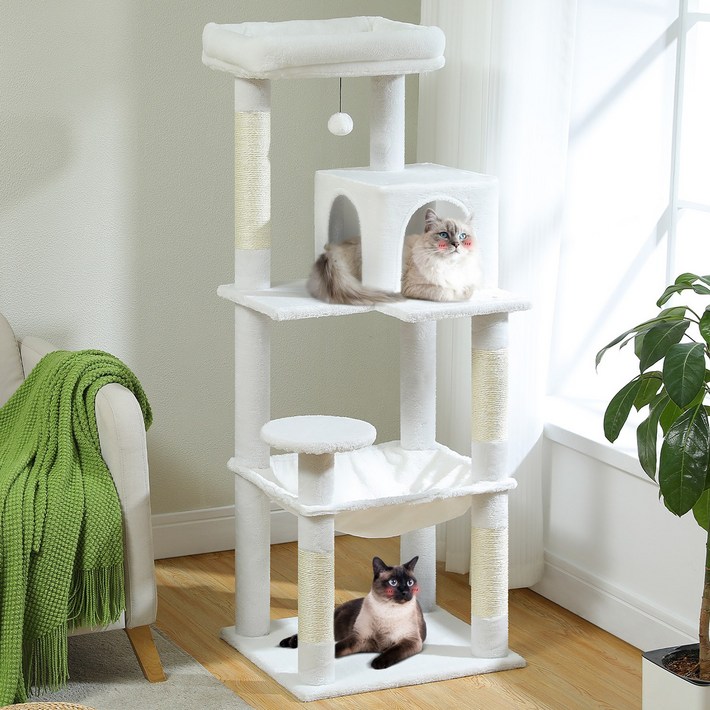 PAWZ Road 5단 심플 다색 중대형 플러시 패브릭 캣타워 ,대형 해먹뚱냥이 숨숨집전망대, 화이트, 1개
