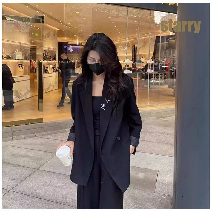 starry 여성용 캐주얼 정장 세트 빅사이즈 싱글버튼 자켓 와이드 팬츠 정장 자켓 팬츠 세트