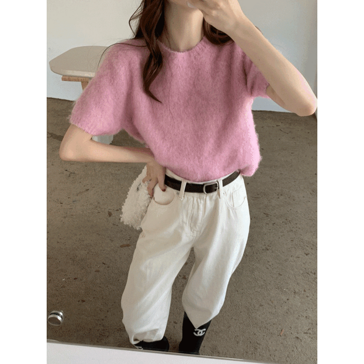 리아 여성 라운드넥 모헤어 퍼프 소매 벌룬 셔링 레이어드 반팔 니트