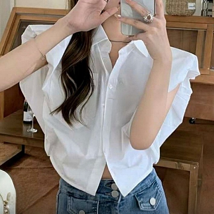 러블리 크롭셔츠 벌룬 소매 반팔 블라우스