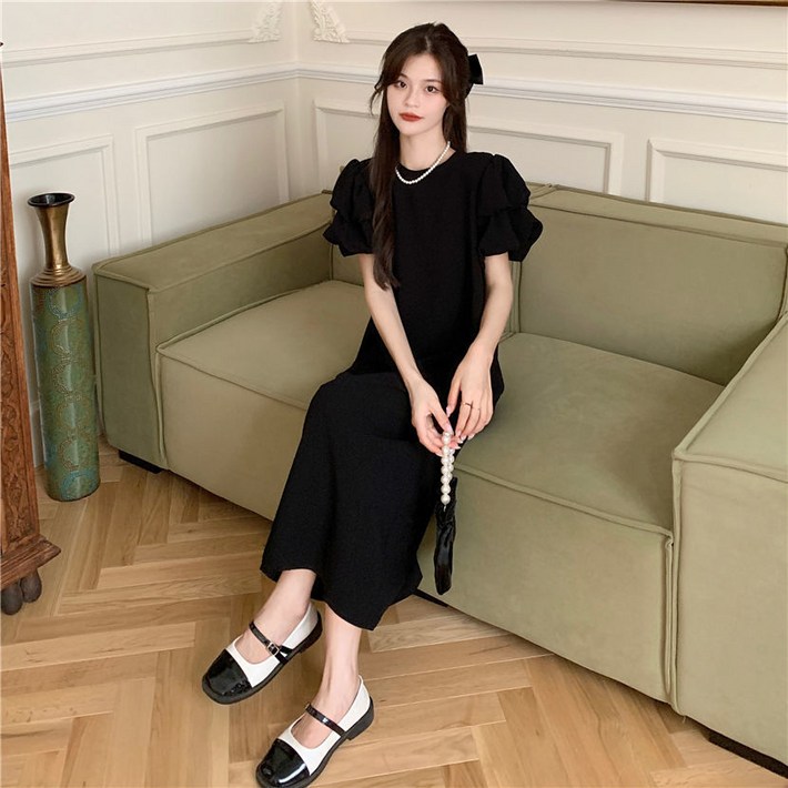 ANYOU 여름 벌룬 원피스 반팔 슬림 롱 결혼식 하객룩 ANYOU 여름 벌룬 원피스 반팔 슬림 롱 결혼식 하객룩
