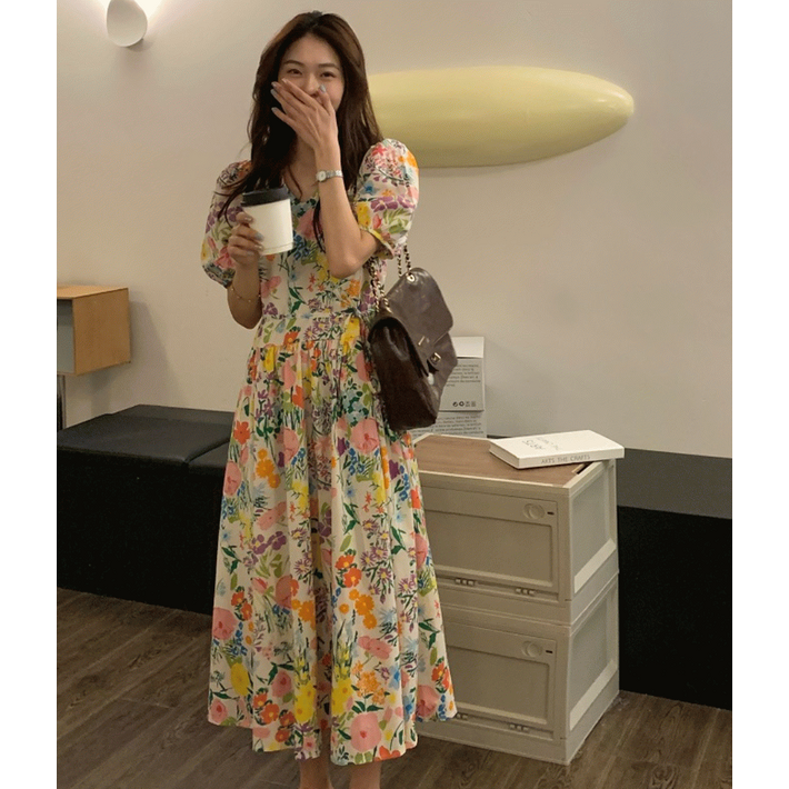 banhany드프리 브이넥 퍼프 플라워 플레어 원피스