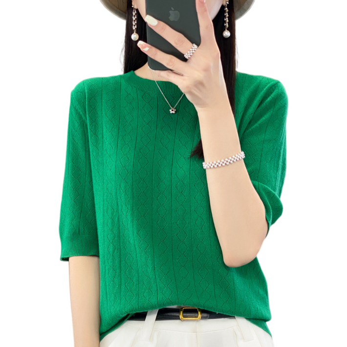 여성용 5부소매 니트 라운드 풀오버 루즈티 펀칭 니트티 뉴타임즈 U824I288