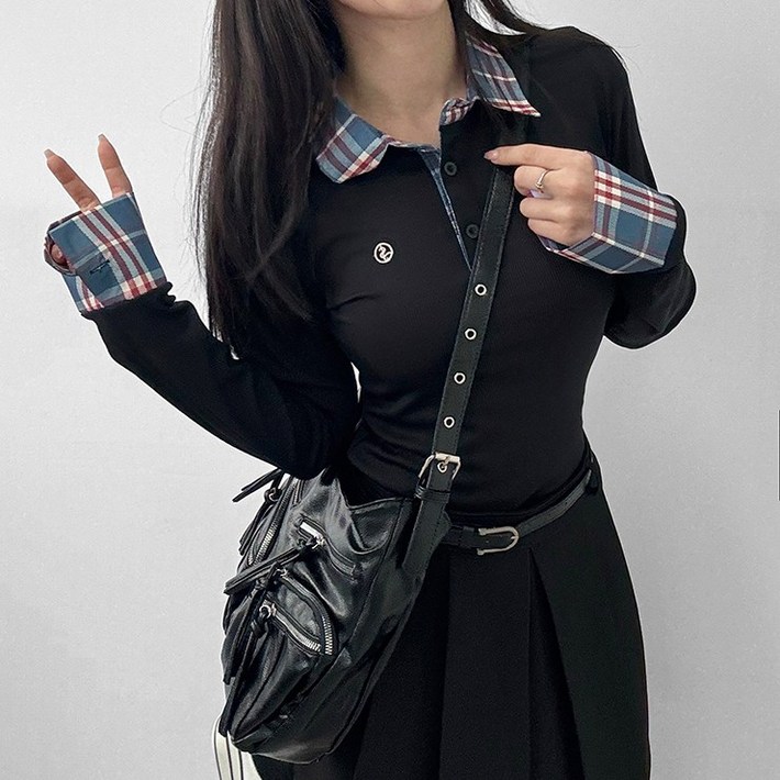 어나더뷰 2443 일체형 헤디 체크셔츠 레이어드 긴팔티셔츠 슬림핏 긱시크룩 페이크셔츠 긴팔 골지 자수 단추 니트