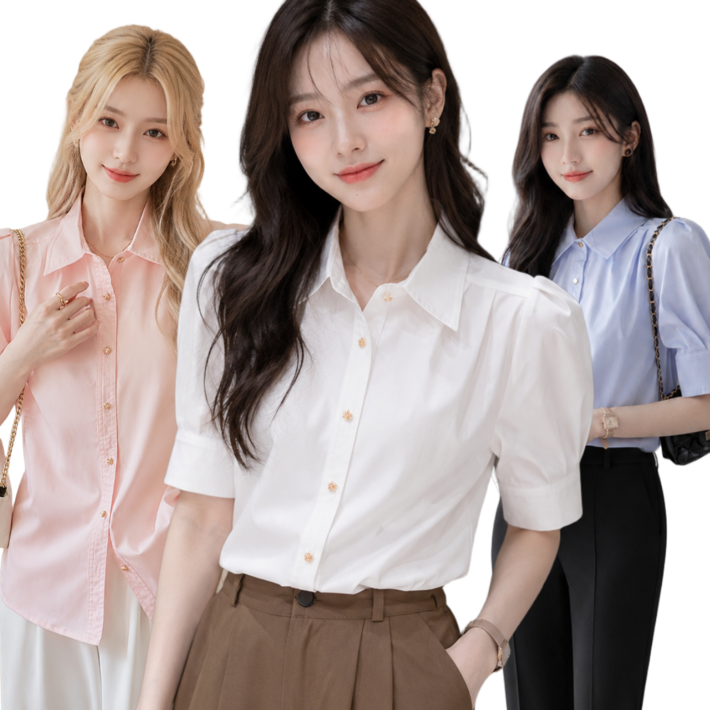 이루이 여성 클린 퍼프 블라우스 반팔셔츠 모던 카라 데일리